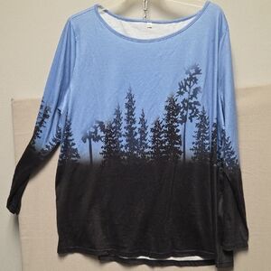 Blue and Black Tree Silhouette Long Sleeve Shirt